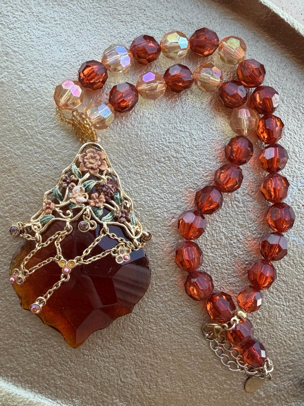 Vintage Amber and Iridescent Bead Floral Filigree Pendant Necklace